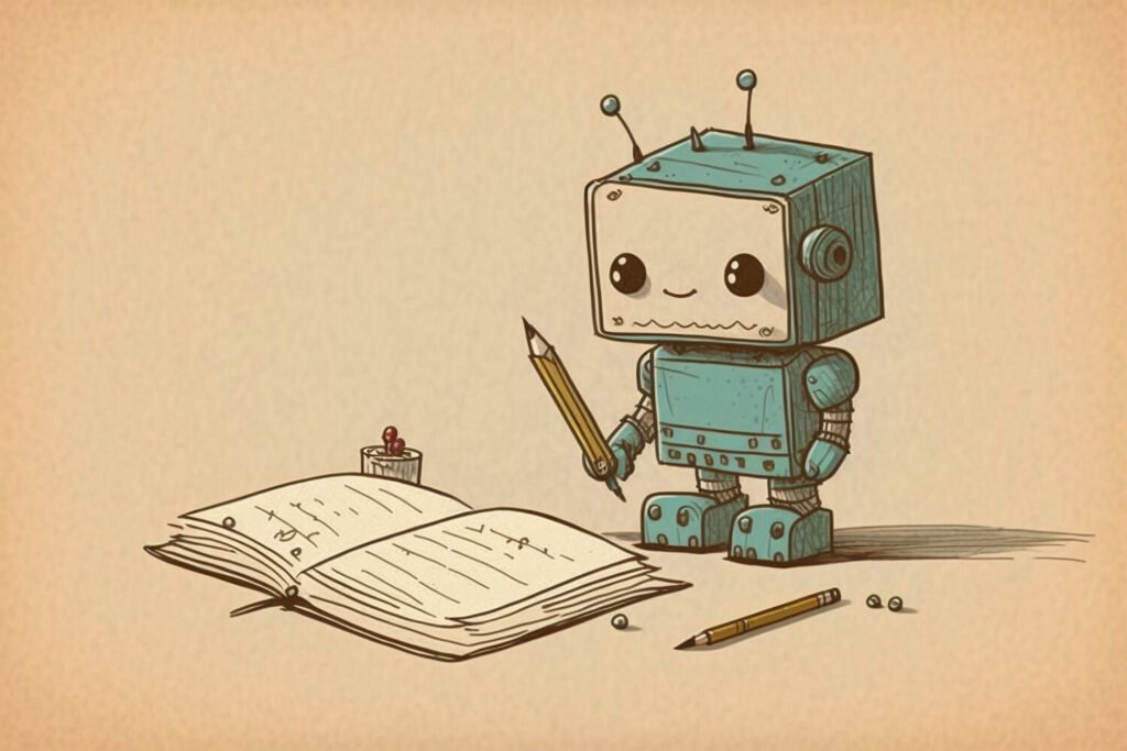 Cute AI robot writing a book